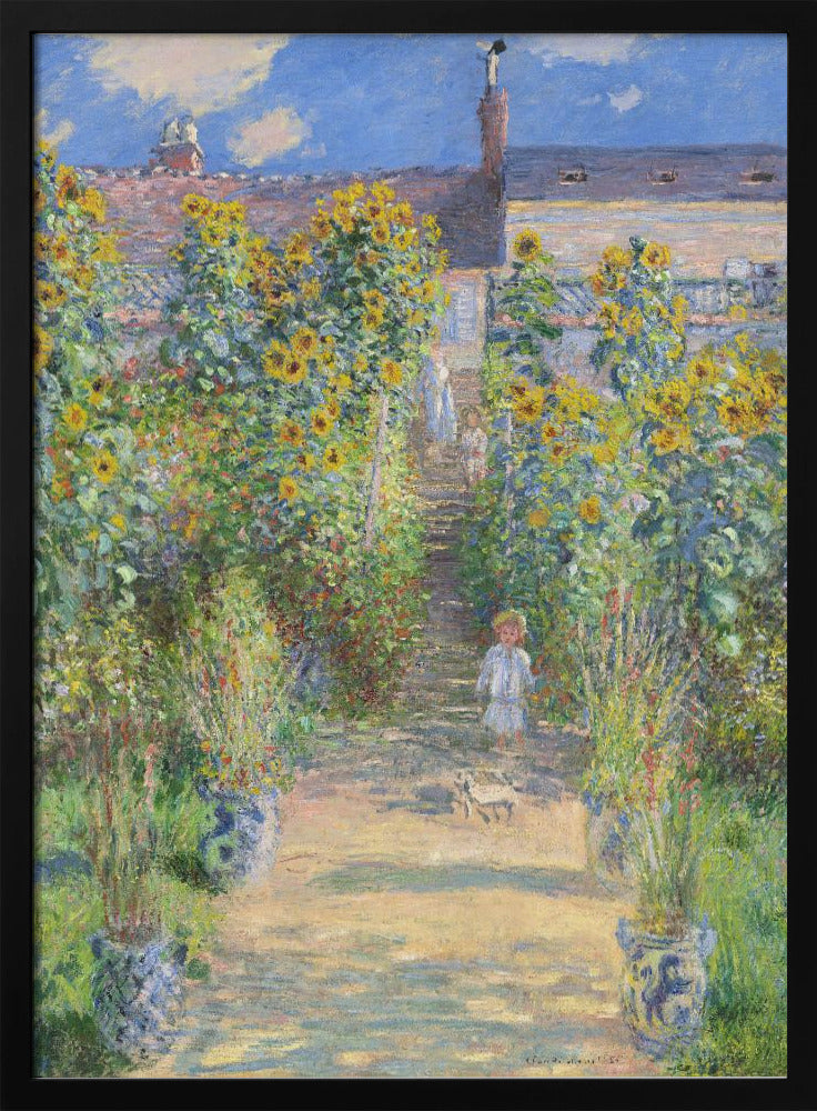 An Impressionist painting by Claude Monet titled 'The Artist's Garden at Vétheuil'. It depicts a sunny, lush garden path lined with tall, blooming sunflowers leading up to a house. A young child in a light-colored dress and straw hat stands in the foreground on the path. Artwork