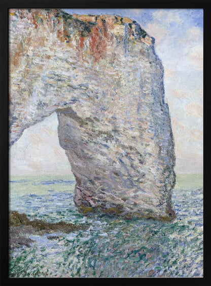 An Impressionist painting depicting a massive white chalk cliff with a natural arch, standing in a turbulent sea of green and blue water. The visible, textured brushstrokes capture the play of light on the rock and water under a bright, cloudy sky. Decor