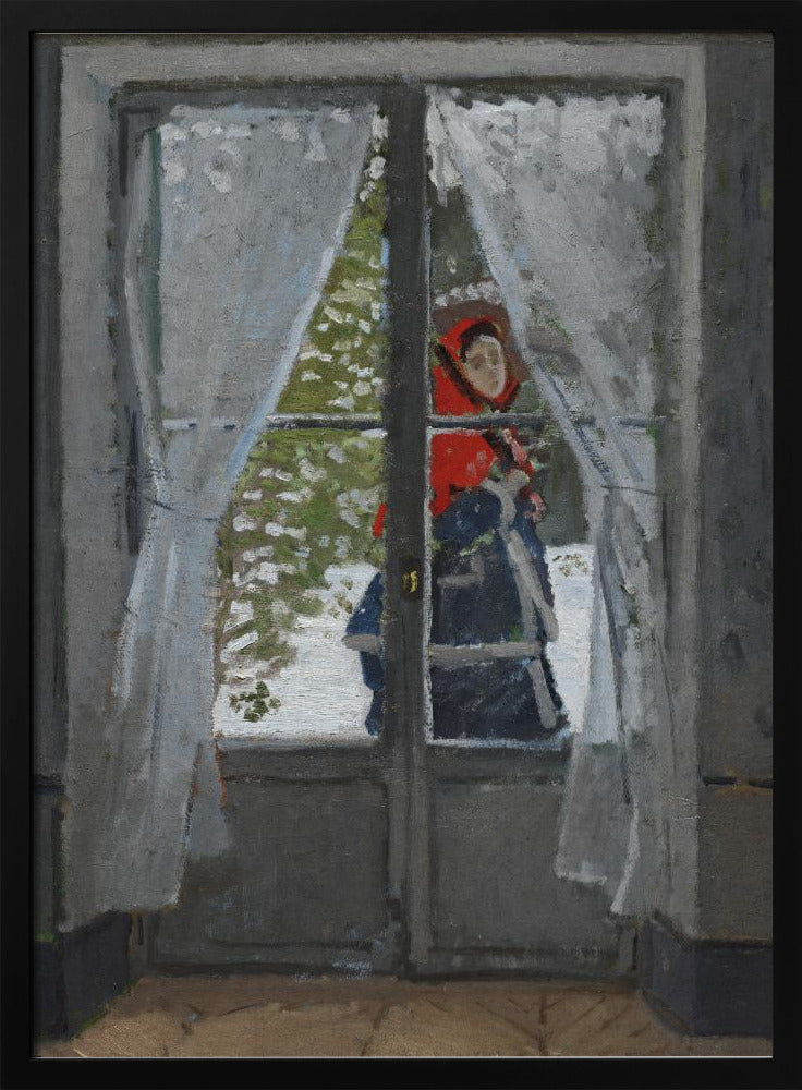 An impressionistic oil painting viewed from inside a room, looking out a glass door into a snowy landscape. A figure in a bright red hood and dark clothing stands outside, partially visible between sheer white curtains. The scene is framed by a dark grey door and a simple black picture frame. Poster
