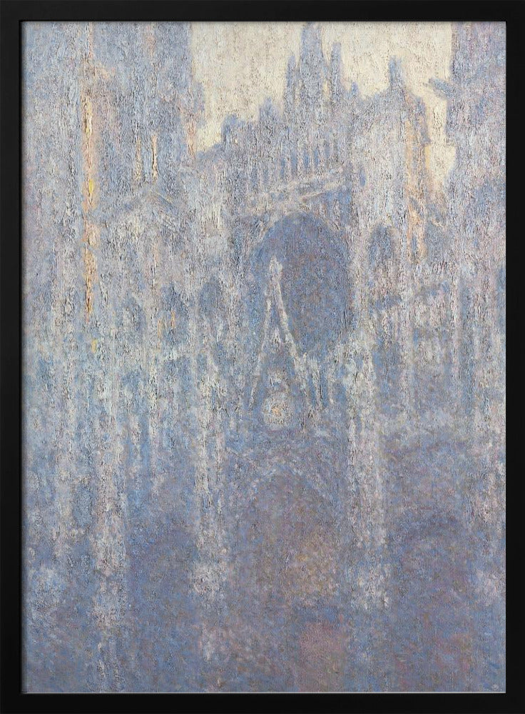 An Impressionist painting by Claude Monet depicting the Rouen Cathedral. The view is a close-up of the facade, rendered in hazy, textured brushstrokes with a predominantly blue, gray, and pale yellow color palette, suggesting early morning light or fog. The painting is enclosed in a simple black frame. Artwork