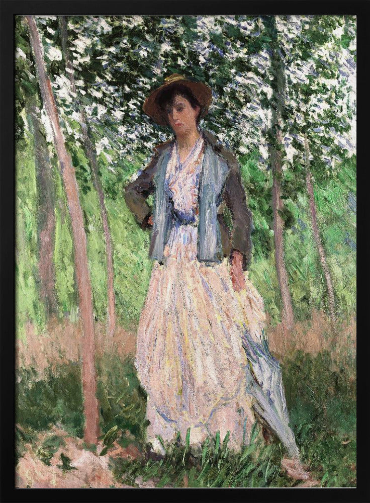 An impressionist painting of a woman standing in a sun-dappled forest. She wears a long, pale dress, a blue-grey jacket, and a brown hat, looking down thoughtfully while holding a parasol. Wall Art