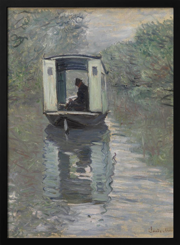 An Impressionist painting by Claude Monet titled 'The Studio Boat,' depicting a figure in a hat and dark coat sitting inside a small, white-paneled boat on a calm, grey-green river. The scene is enveloped in a soft, hazy light, with blurry trees lining the banks and a strong, rippling reflection of the boat in the water. Artwork