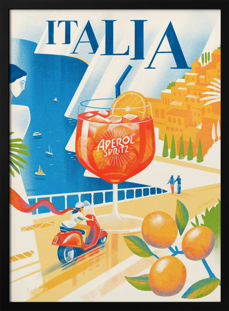 A vintage-style travel poster for Italia, featuring a large glass of Aperol Spritz overlooking a sunny coastal scene. A woman gazes at the blue sea with sailboats, a hillside town glows in the sun, and a person rides a red scooter along a seaside road, with ripe oranges in the foreground. Artwork