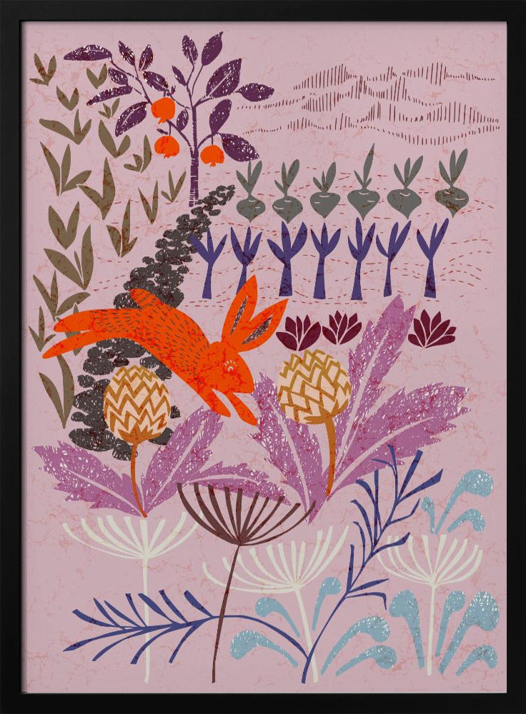 A stylized, folk-art illustration of a bright orange rabbit leaping through a whimsical garden. The scene features large purple and blue flowers in the foreground, with rows of root vegetables and a fruit tree in the background, all on a textured mauve canvas. Print
