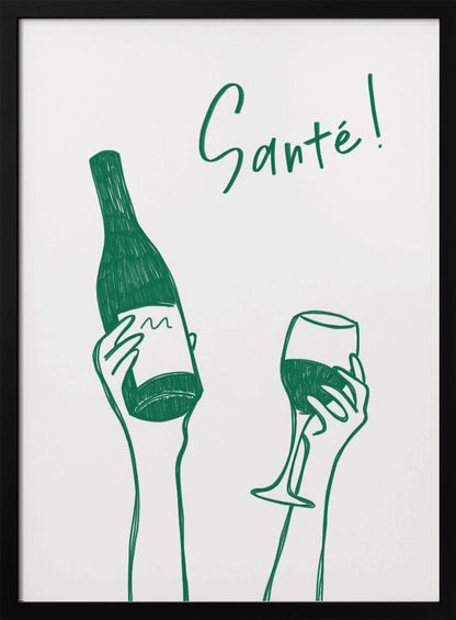 A minimalist green line drawing on a white background featuring two hands. One hand holds a bottle of wine, and the other holds a glass of wine, as if in a toast. The French word 'Santé!' is written in cursive above the hands. Decor