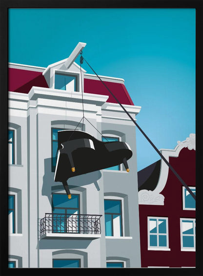 A graphic illustration of a black grand piano being hoisted up the side of a gray Amsterdam-style building with a red roof, using a pulley system attached to the gable. The scene is set against a clear, bright blue sky. Artwork