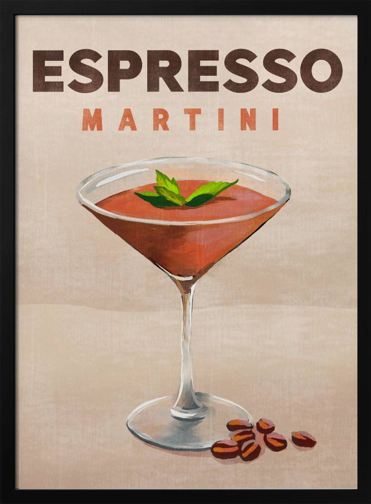 A vintage-style poster of an Espresso Martini. The illustration shows a reddish-brown cocktail in a martini glass, garnished with mint leaves, with coffee beans at the base. The text 'ESPRESSO MARTINI' is at the top against a tan background, all within a black frame. Wall Art