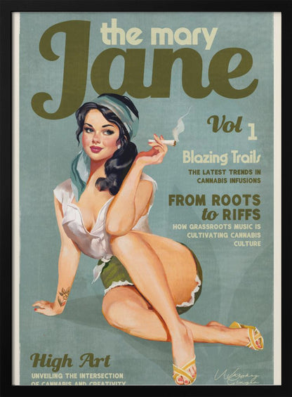 A retro-style poster designed as a magazine cover for 'the mary Jane, Vol 1'. It features a pin-up illustration of a woman with dark hair and a blue headscarf, smiling as she holds a lit cigarette. The cover includes article titles related to cannabis culture. Decor