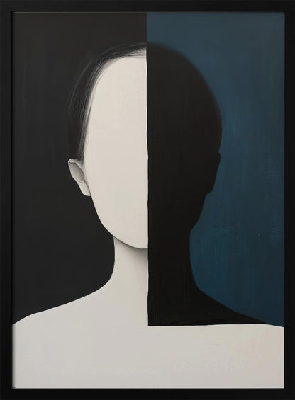 A modern art painting of a faceless person from the chest up, split vertically down the center. The left side features the figure in off-white against a solid black background, while the right side shows the figure as a black silhouette against a dark teal background, creating a strong contrast of light and shadow. Wall Art