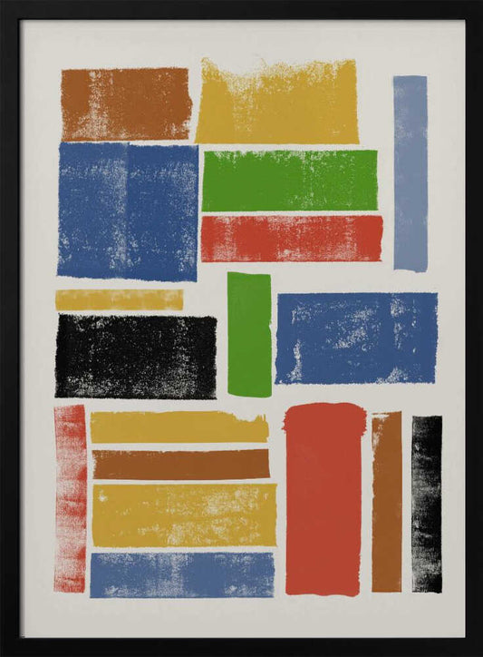 An abstract art piece featuring a collection of textured, rectangular blocks of various colors and sizes on an off-white background, all within a black frame. The colors include primary shades of blue, yellow, and red, along with green, black, and brown, arranged in a non-uniform grid. Wall Art