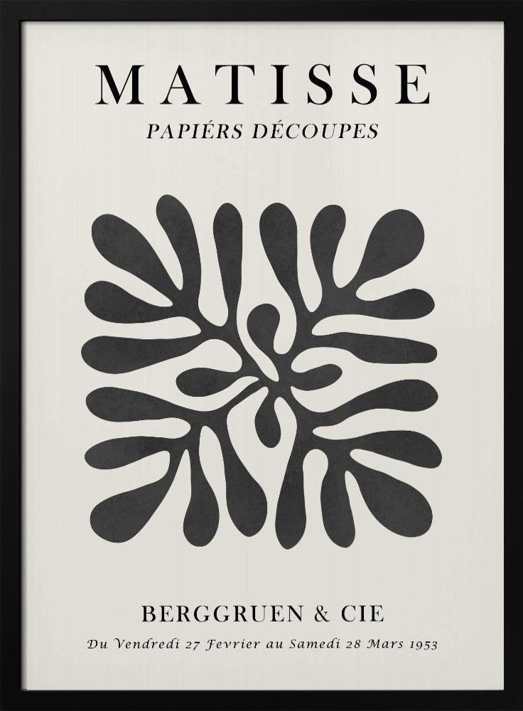 A framed black and white exhibition poster for Matisse's 'Papiers Découpés' at Berggruen & Cie in 1953. The poster features a central abstract black cutout shape resembling a sea plant on an off-white background with black serif typography. Poster