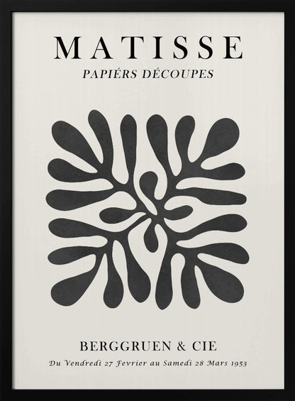 A framed black and white exhibition poster for Matisse's 'Papiers Découpés' at Berggruen & Cie in 1953. The poster features a central abstract black cutout shape resembling a sea plant on an off-white background with black serif typography. Poster