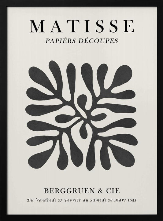 A framed black and white exhibition poster for Matisse's 'Papiers Découpés' at Berggruen & Cie in 1953. The poster features a central abstract black cutout shape resembling a sea plant on an off-white background with black serif typography. Poster