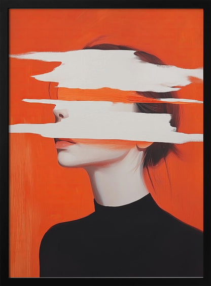 Abstract portrait of a woman in a black turtleneck against a vibrant orange background. Her face is obscured by thick, horizontal white brushstrokes, revealing only parts of her nose and lips. Artwork