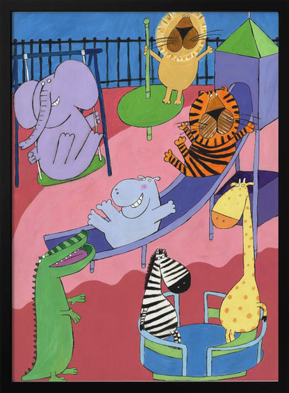 A colorful and playful cartoon illustration of various zoo animals having fun at a playground. A purple elephant is on a swing, a lion on a roundabout, a tiger and a hippo are going down a slide, and a zebra and a giraffe are on a spinning ride, all rendered in a whimsical, child-like style. Artwork