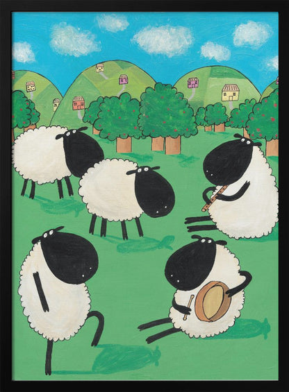 A whimsical, cartoon-style painting of five black and white sheep in a lush green meadow. Two sheep are seated, one playing a flute and the other a drum, while another dances. In the background are rolling green hills dotted with small houses, trees, and a bright blue sky with white clouds. Poster
