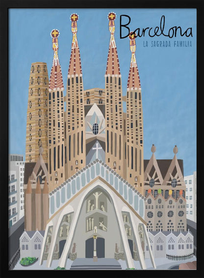 A stylized illustration of the Sagrada Familia in Barcelona, presented as a travel poster. The iconic church with its detailed spires stands against a solid blue sky, with the word 'Barcelona' written in a script font in the top right corner. Wall Art