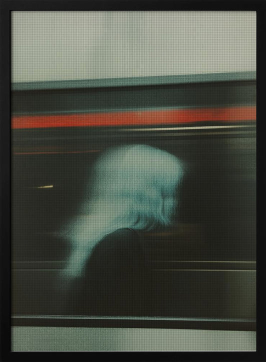 An abstract photograph with motion blur, featuring the ghostly silhouette of a person's head and shoulders in pale blue. The dark background is streaked with horizontal lines of red and white light, suggesting the speed of a passing train or subway. Wall Art