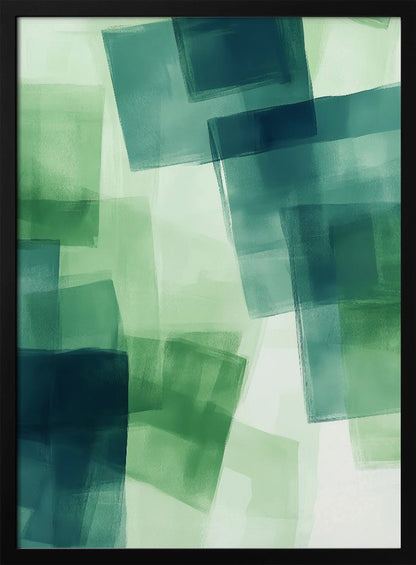 An abstract painting in a black frame, featuring overlapping, semi-transparent squares in shades of green and dark teal against a light green background, creating a layered, watercolor-like effect. Artwork