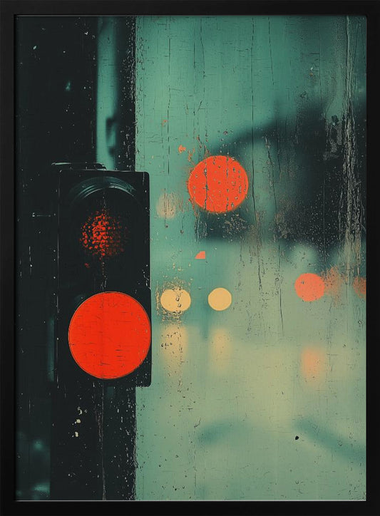 A moody, artistic photo of a red traffic light seen through a rain-streaked window, with blurred city lights creating orange bokeh circles against a textured teal background. Decor