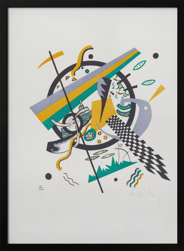 A framed abstract artwork by Wassily Kandinsky featuring a dynamic composition of geometric shapes. A central black circle is overlaid with diagonal stripes of yellow, green, and gray, surrounded by various elements like a checkerboard pattern, wavy lines, and small circles on a white background. Artwork