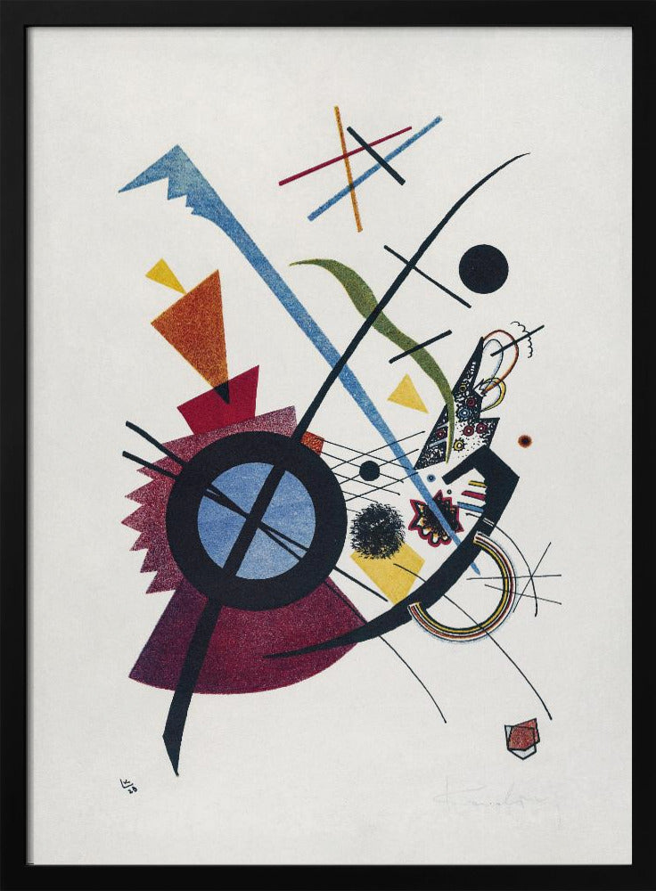 An abstract artwork by Wassily Kandinsky titled 'Small Worlds I', featuring a dynamic composition of colorful geometric shapes like circles, triangles, and lines in blue, red, yellow, and green against a white background, all framed in black. Wall Art