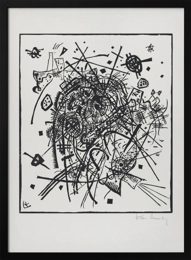 A framed black and white abstract artwork by Wassily Kandinsky. The piece is a chaotic and energetic composition of intersecting lines, geometric shapes, and scribbled textures, all densely packed into the center of the square frame. The artist's signature is visible in the lower right corner. Poster