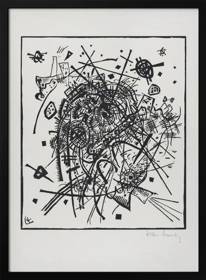 A framed black and white abstract artwork by Wassily Kandinsky. The piece is a chaotic and energetic composition of intersecting lines, geometric shapes, and scribbled textures, all densely packed into the center of the square frame. The artist's signature is visible in the lower right corner. Poster