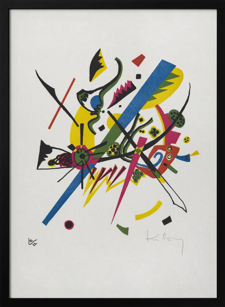 An abstract lithograph by Wassily Kandinsky featuring a dynamic composition of colorful geometric and biomorphic shapes on a white background. Bold lines in blue, magenta, and black intersect with areas of bright yellow, green, and red, creating a sense of vibrant energy. Poster
