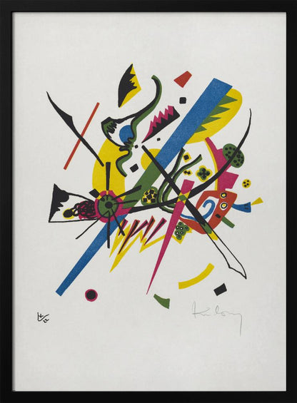 An abstract lithograph by Wassily Kandinsky featuring a dynamic composition of colorful geometric and biomorphic shapes on a white background. Bold lines in blue, magenta, and black intersect with areas of bright yellow, green, and red, creating a sense of vibrant energy. Poster