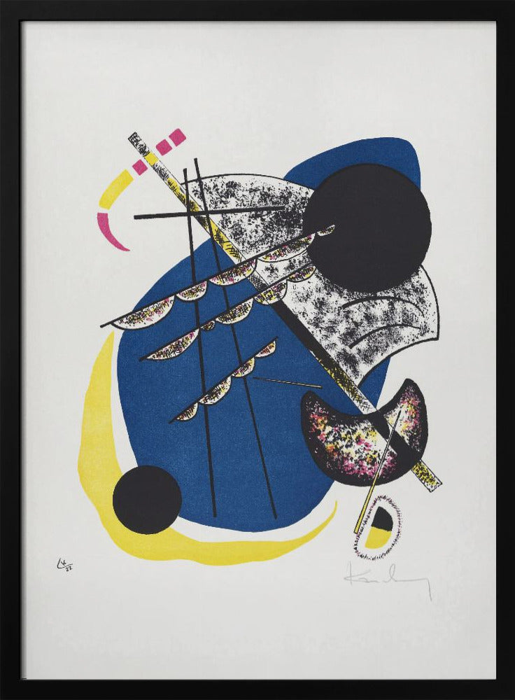 An abstract lithograph by Wassily Kandinsky in a black frame. The composition on a white background features a large central blue shape, a prominent black circle, and intersecting black lines. Accents of yellow, magenta, and speckled textures add complexity to the dynamic arrangement of geometric and organic forms. Decor
