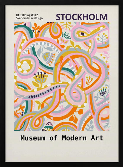 A Scandinavian design poster for the Stockholm Museum of Modern Art. The artwork features a vibrant and complex abstract pattern with intertwining ribbons and stylized floral elements in shades of pink, orange, yellow, teal, and light blue on a cream background. The poster is framed in black. Artwork