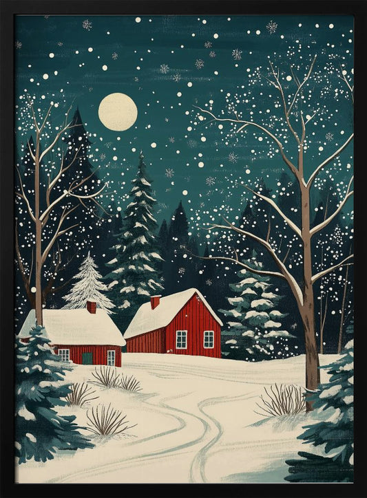 Red Houses and Snowy night sky - Poster / Art Print