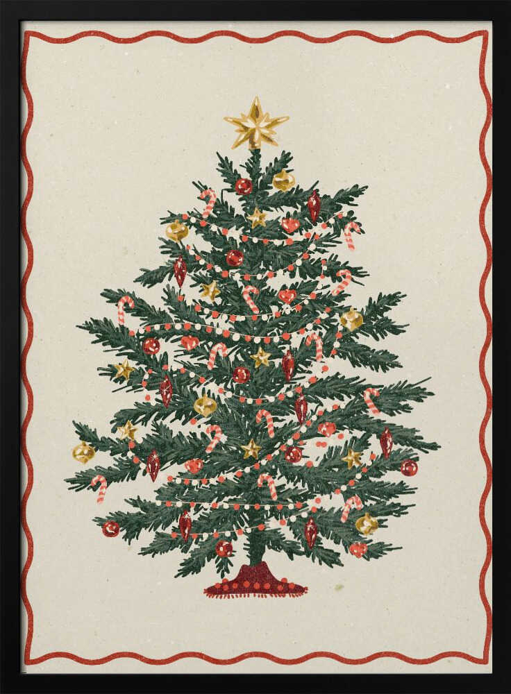 A vintage-style illustration of a decorated Christmas tree on a cream background, framed by a wavy red border and a black outer frame. The green tree is adorned with red and gold baubles, candy canes, small gold stars, and strings of lights, with a larger gold star at the very top. Poster