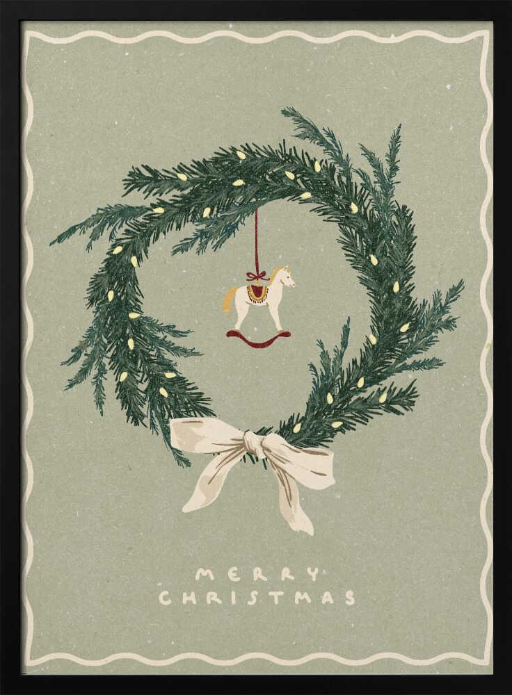 Vintage Christmas poster with an illustrated wreath, rocking horse ornament, and a cream bow on a sage green background.