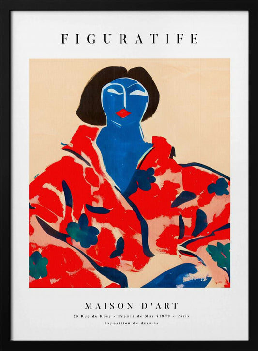 A vintage-style art exhibition poster with 'FIGURATIFE' at the top. The central artwork is an abstract portrait of a woman with a blue face and black hair, wearing a bold red floral patterned robe against a beige background. Below, text reads 'MAISON D'ART' and gives exhibition details. Artwork