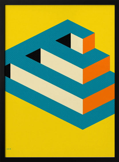 A graphic art poster of an impossible 3D object, shaped like a blocky letter E or a staircase, in teal, orange, and cream against a vibrant yellow background, creating an optical illusion. Print