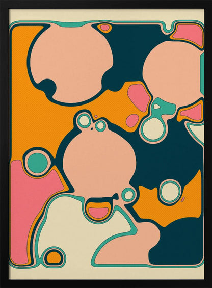 A retro-style abstract artwork featuring organic, rounded shapes in shades of pink, cream, orange, and teal. The shapes are outlined in contrasting colors and overlap against a textured orange background, creating a groovy, 70s-inspired psychedelic design framed in black. Decor