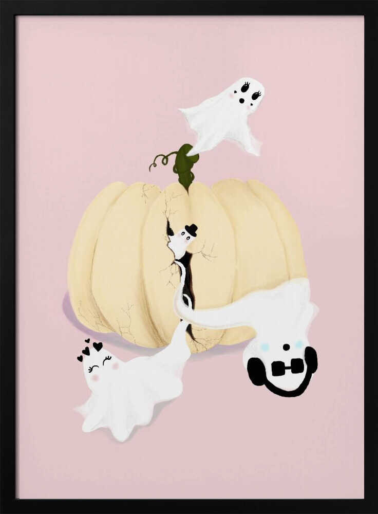A whimsical Halloween illustration featuring a large, cracked, cream-colored pumpkin on a pale pink background, with four cute, cartoonish white ghosts playfully floating around it. One ghost wears a top hat, another a crown of hearts, a third wears headphones, and the last one has long eyelashes. Wall Art