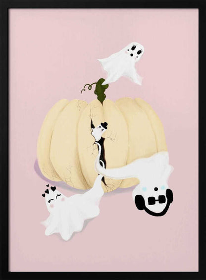 A whimsical Halloween illustration featuring a large, cracked, cream-colored pumpkin on a pale pink background, with four cute, cartoonish white ghosts playfully floating around it. One ghost wears a top hat, another a crown of hearts, a third wears headphones, and the last one has long eyelashes. Wall Art