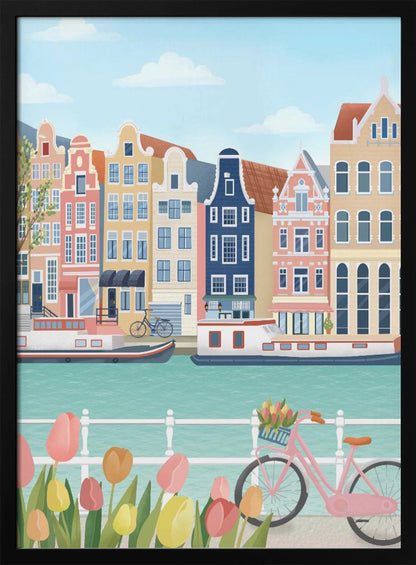 A vibrant illustration of a classic Amsterdam scene, featuring a row of colorful, traditional canal houses next to a turquoise waterway with boats. In the foreground, a pink bicycle with a basket of flowers stands near a bed of pink and yellow tulips. Print