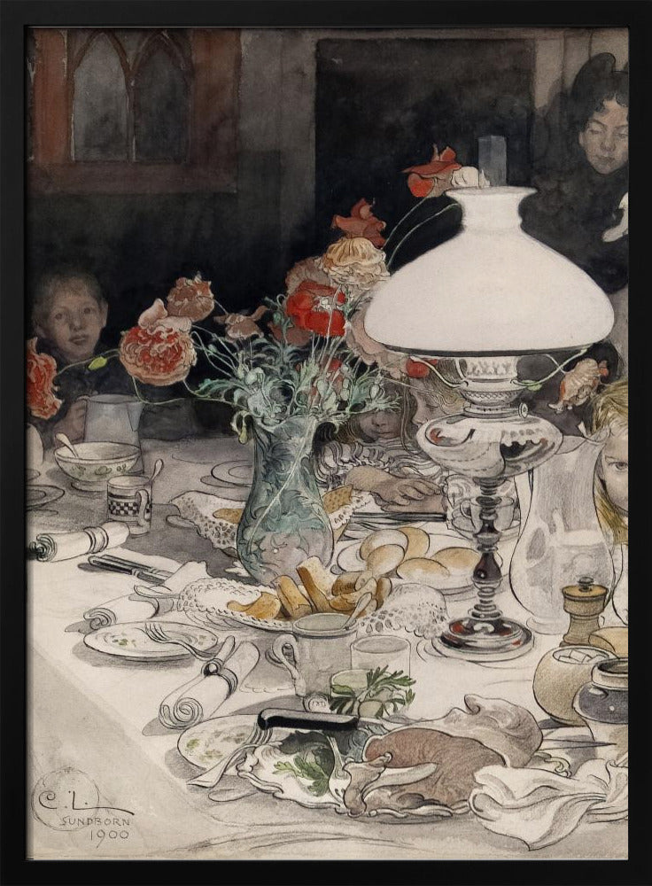 A vintage watercolor painting by C.L. Sundborn from 1900, depicting an intimate family dinner scene. A large, white oil lamp provides a warm glow over a cluttered dining table set with dishes, bread, and a vase of red poppies. Figures of children are partially visible around the table, their faces illuminated against a dark background. Print