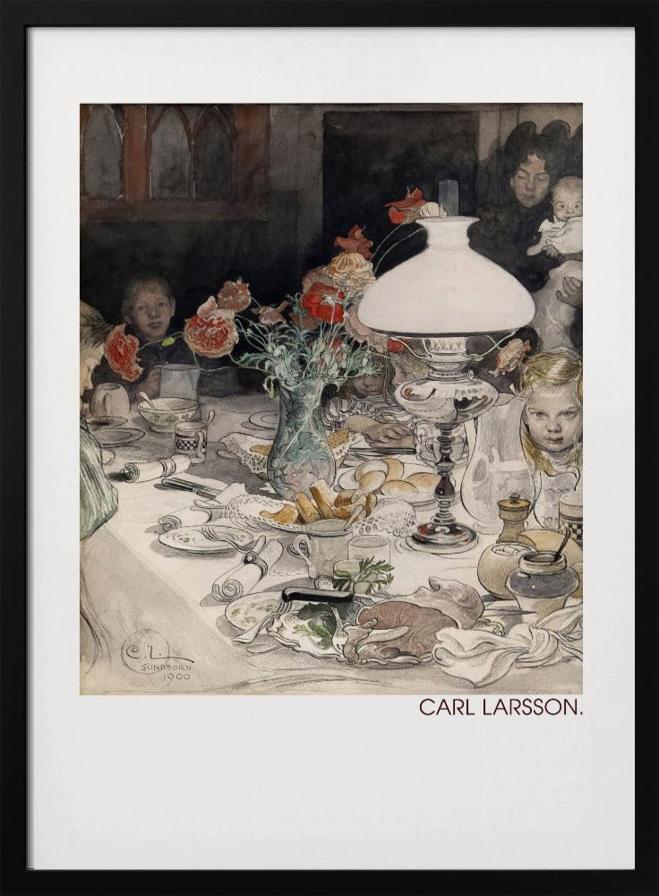 A classic watercolor painting by Carl Larsson from 1900, showing a family enjoying a festive meal around a dining table. A large white lamp illuminates the scene, highlighting the cluttered table with dishes, food, and a vase of red flowers. Several children and adults, including a woman holding a baby, are seated at the table in a warm, domestic setting. Decor