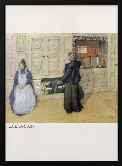 A vintage painting by Carl Larsson depicting a domestic interior. A woman in a blue dress and white apron sits against a large cream cabinet, while another woman in a dark dress stands with her back to the viewer, looking at an open shelf of books within the cabinet. Decor
