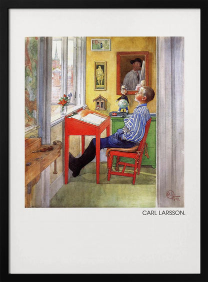 A framed art print of a Carl Larsson painting from 1912. It shows a young boy in a blue and white striped shirt sitting at a red desk in a sunlit, yellow-walled room. He is leaning back in his chair and looking up, as if daydreaming. Through the window, a cityscape with a church steeple is visible. The room is filled with charming details like framed pictures, a small globe, and a wooden workbench. Artwork