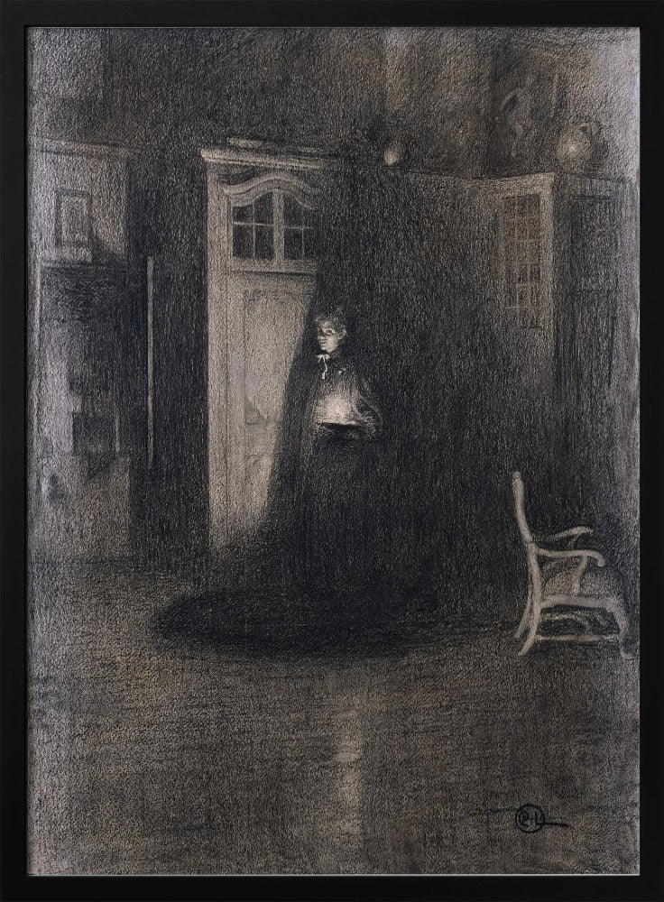 A dark, atmospheric charcoal drawing of a woman in a long, dark cloak standing in a dimly lit room. She holds a small, glowing light source that illuminates her face and the area around a white door behind her, creating deep shadows that fill the rest of the space. A lone white chair sits in the shadows to the right. Decor