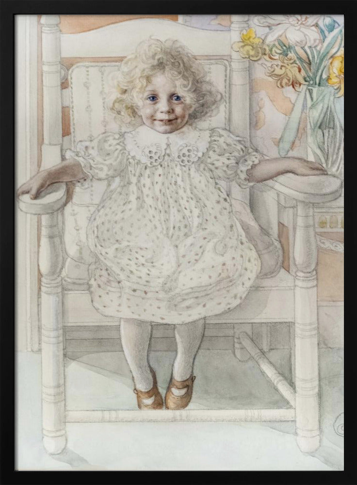 A delicate watercolor portrait of a smiling young girl with curly blonde hair and bright blue eyes, sitting upright in a white rocking chair. She wears a vintage white dotted dress, and a vase of yellow flowers is visible in the background. Artwork
