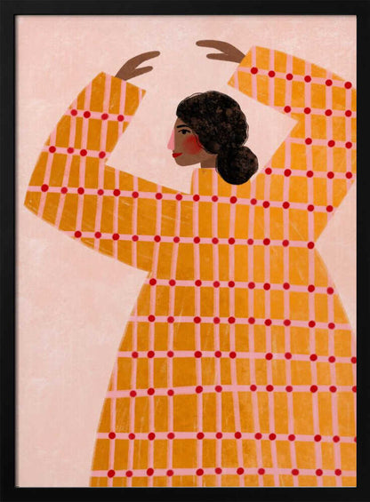 A stylized illustration of a woman in profile, wearing a vibrant yellow and pink plaid dress with red polka dots. Her arms are raised above her head in a graceful pose against a pale pink background. Artwork
