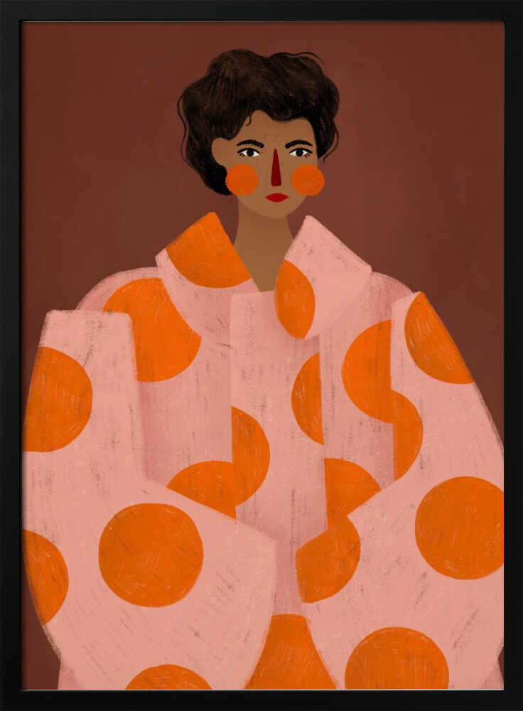 A stylized portrait illustration of a person with dark curly hair and warm brown skin against a solid reddish-brown background. They wear a light pink, oversized coat with large orange polka dots, and look directly forward with a neutral expression, accented by red lipstick and circular orange blush. Decor