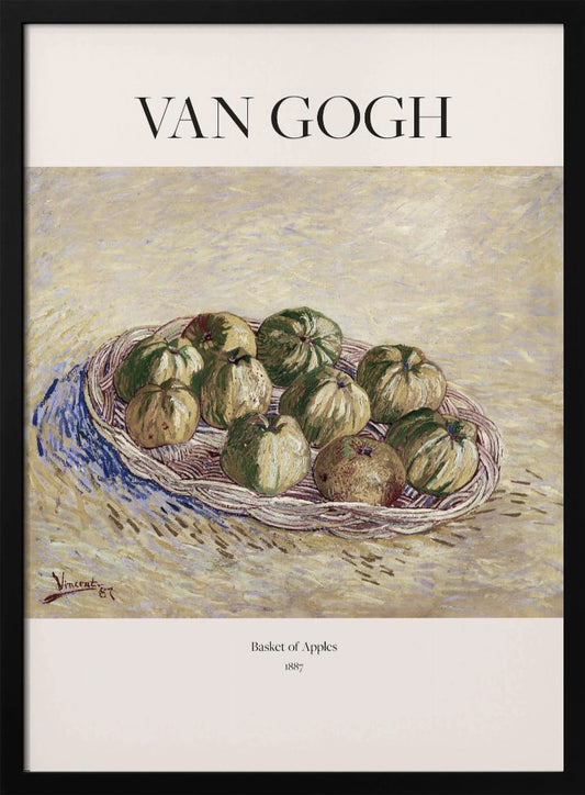 A framed art poster of Vincent van Gogh's 1887 painting, 'Basket of Apples'. The impressionist still life shows a woven basket filled with green and yellow apples on a textured, light yellow background. The poster includes the text 'VAN GOGH' at the top. Print